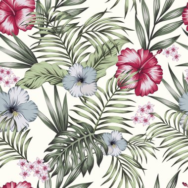 Tropikal egzotik çiçek ebegümeci, frangipani (plumeria) ve palmiye, muz kompozisyon bırakır. Beyaz arka plan üzerinde vektör seamless modeli