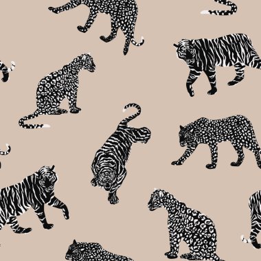 Siyah beyaz vahşi hayvan Kaplan, panter, leopar, çita seamless modeli bej renkli arka plan üzerinde. Trendy vektör kompozisyon
