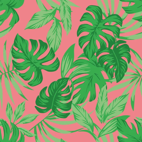 Feuilles Vertes Tropicales Sur Fond Corail Vivant Modèle Vectoriel Sans — Image vectorielle