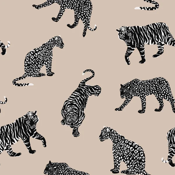 Zwart Witte Wild Dier Tiger Panther Luipaard Cheetah Naadloze Patroon — Stockvector