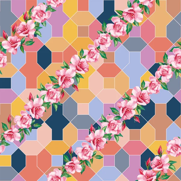 Trendy Composizione Botanica Fiori Rosa Sul Colore Della Tinta Energia — Vettoriale Stock