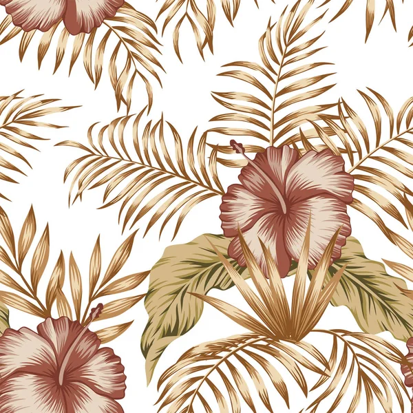 Экзотическая Модная Бесшовная Композиция Тропических Цветов Гибискус Пальмы Банановые Листья — стоковый вектор
