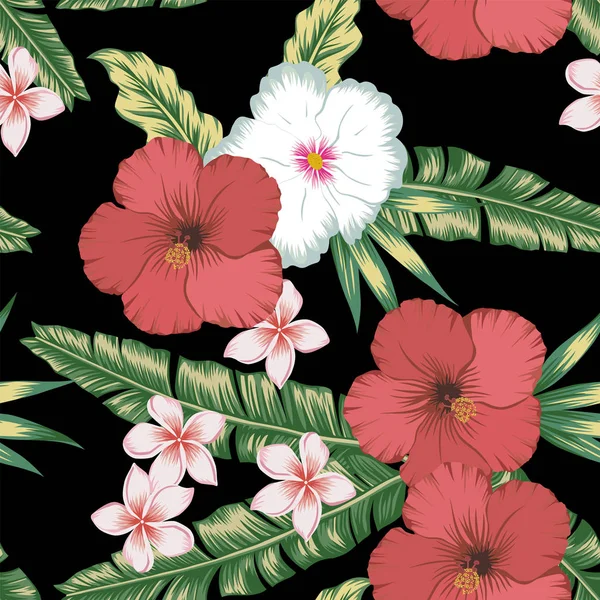 Hibiscus plumeria hojas verdes fondo negro sin costuras — Vector de stock