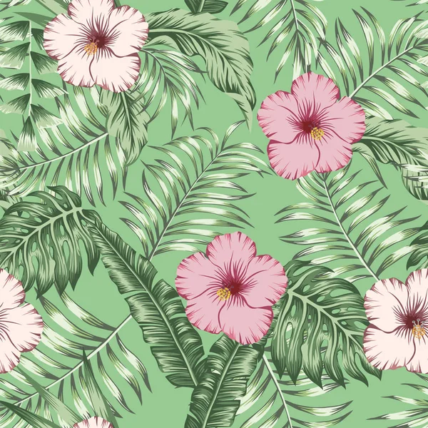 Hojas tropicales y fondo verde inconsútil de hibisco — Vector de stock