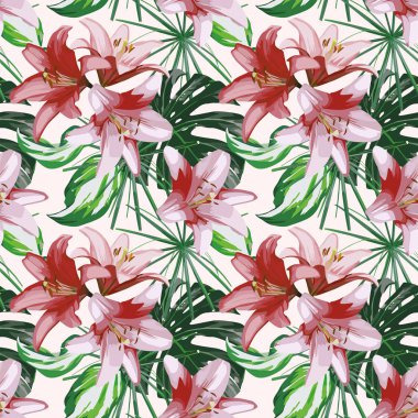 Kesintisiz beyaz arka plan Lily tropikal yaprak