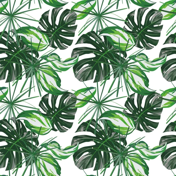 Grüne tropische Blätter nahtlos weißen Hintergrund — Stockvektor