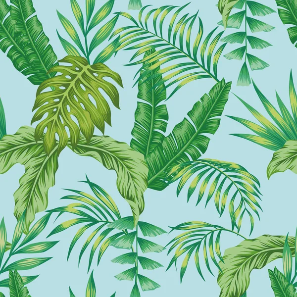 Patrón tropical hojas verdes sin costura fondo azul — Archivo Imágenes Vectoriales