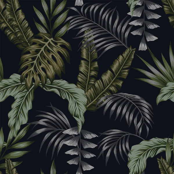 Night tropical pattern leaves seamless black background — Stock Vector