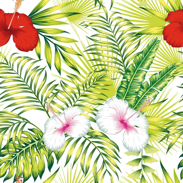 Vit röd hibiskus grön lämnar sömlös vit bakgrund — Stock vektor