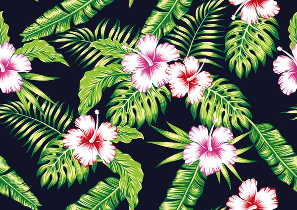 Tropische Pflanzen und Hibiskusblüten nahtlos schwarzen Hintergrund — Stockvektor