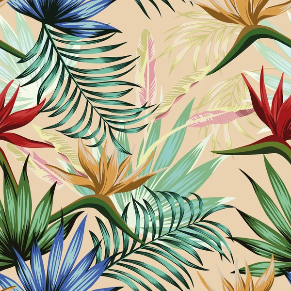 Vivid tropical selva sin costuras beige fondo — Vector de stock