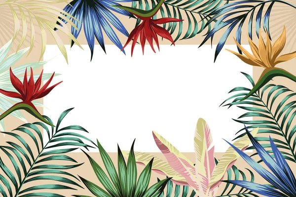 Tropiska ram banner abstrakt blommor blad — Stock vektor