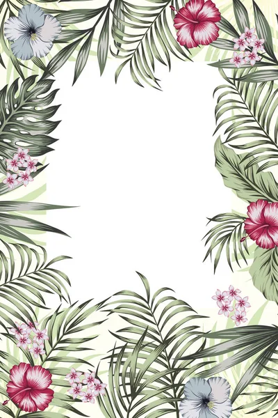 Cartel vertical selva marco banner flores hojas — Vector de stock