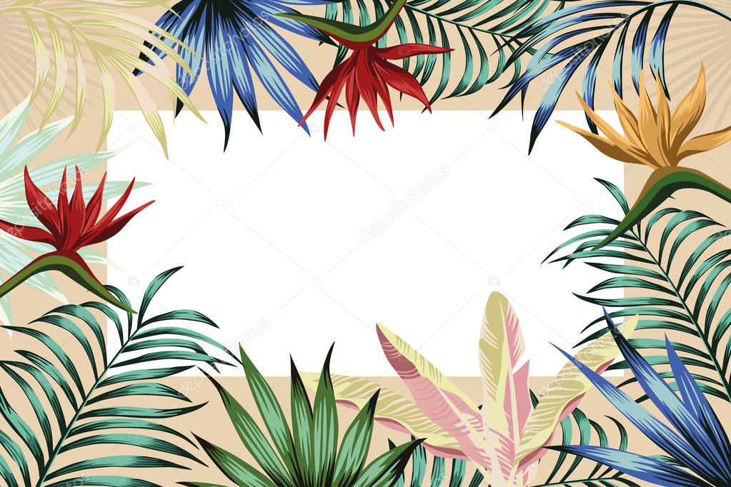Tropical frame banner abstract flowers leaves
