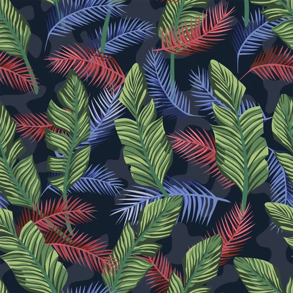 Multicolor hojas de plátano tropical sin costuras camuflaje de fondo — Vector de stock