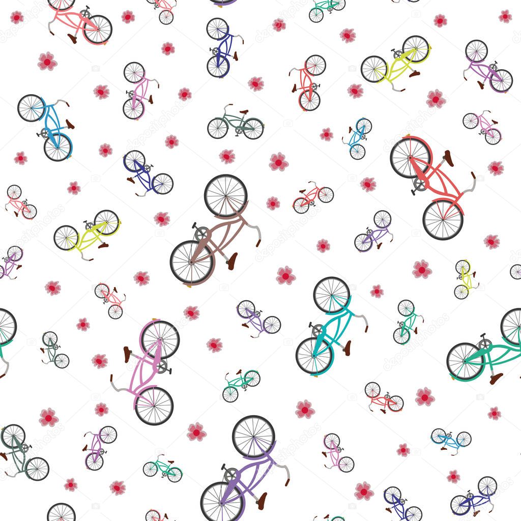 Multicolor bicycle flowers seamless pattern white background