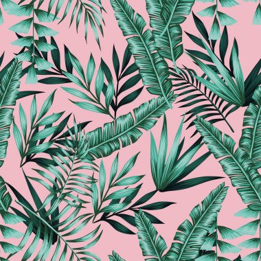 Egzotik yeşil tropikal yaprakları dikişsiz desen pembe arka plan