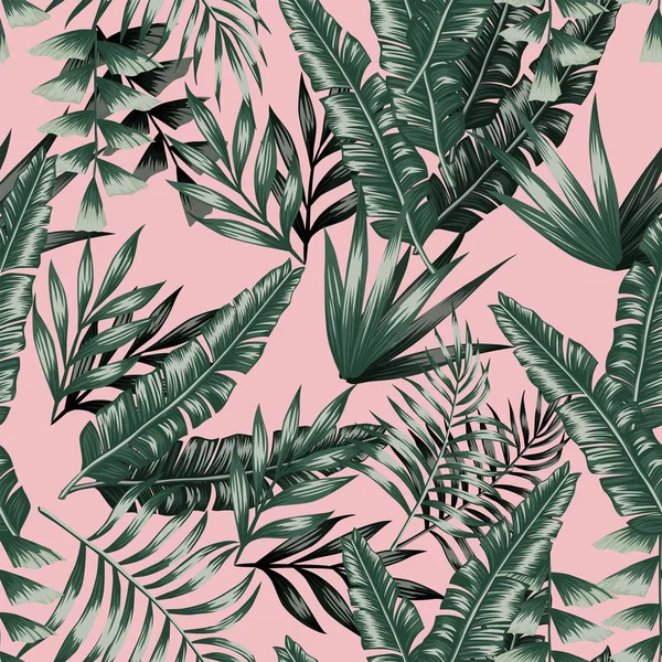 Πράσινα τροπικά φύλλα με σκιά χωρίς ραφές ροζ φόντο — Διανυσματικό Αρχείο