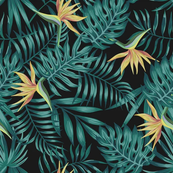 Tropical hojas azul tono pájaro del paraíso negro fondo — Vector de stock