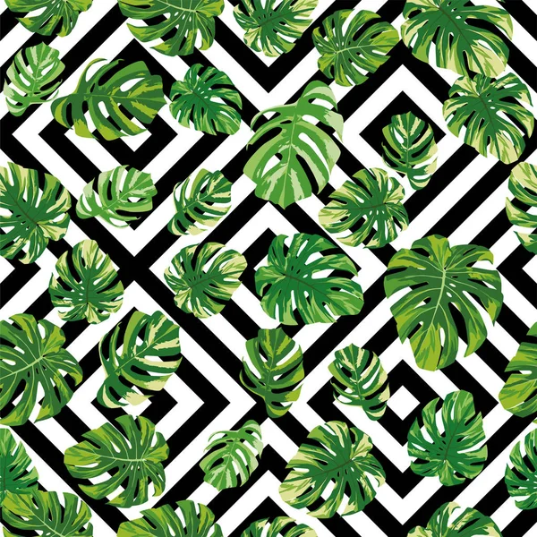 Green realistic monstera leaves seamless geometric background