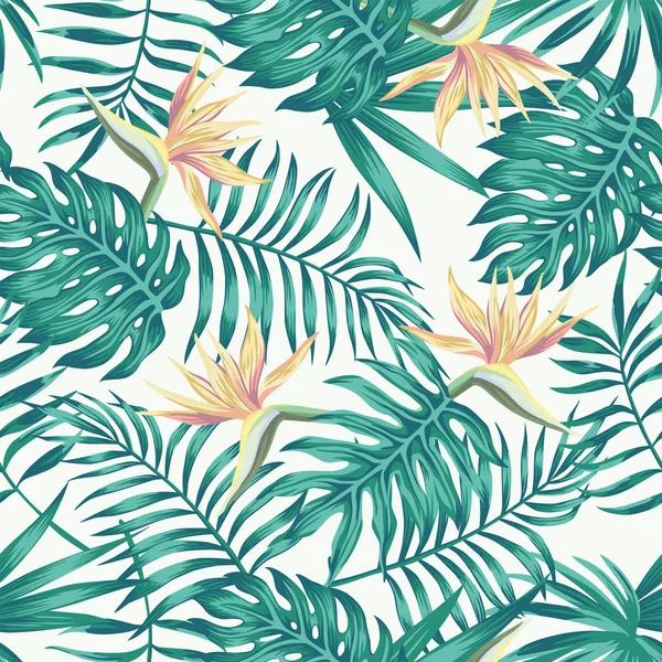 楽園の白い背景の熱帯葉青い色調の鳥 — ストックベクタ