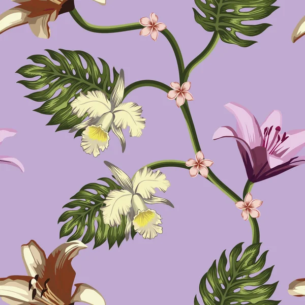 Fleurs tropicales feuilles fond violet sans couture — Image vectorielle
