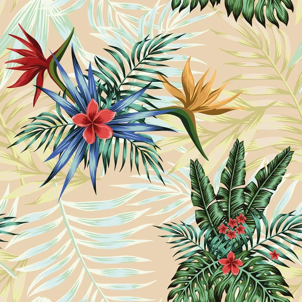 Composizione tropicale fiori foglie senza soluzione di continuità modello di sfondo — Vettoriale Stock