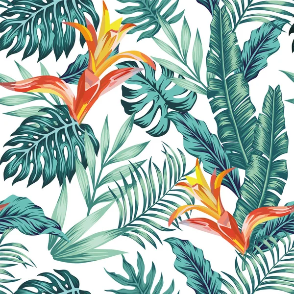 Seamless pattern tropical leaves flowers white background — Stock Vector