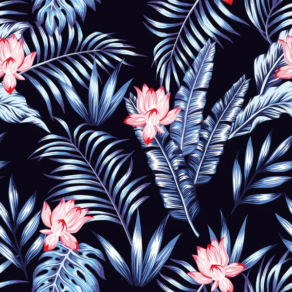 Azul folhas tropicais flores cor de rosa fundo preto — Vetor de Stock