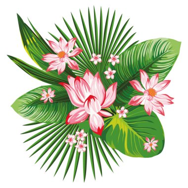Tropikal botanik kompozisyon pembe lotus yeşil yaprakları
