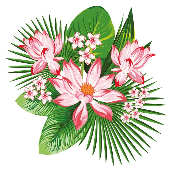 Floral samenstelling roze Lotus groene bladeren — Stockvector