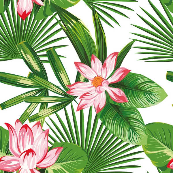 Tropical seamless composition pink lotus green leaves white back — Stock Vector