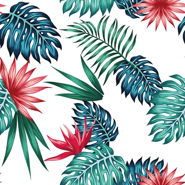 Vivid tropical azul verde folhas vermelho flores sem costura branco de volta —  Vetores de Stock