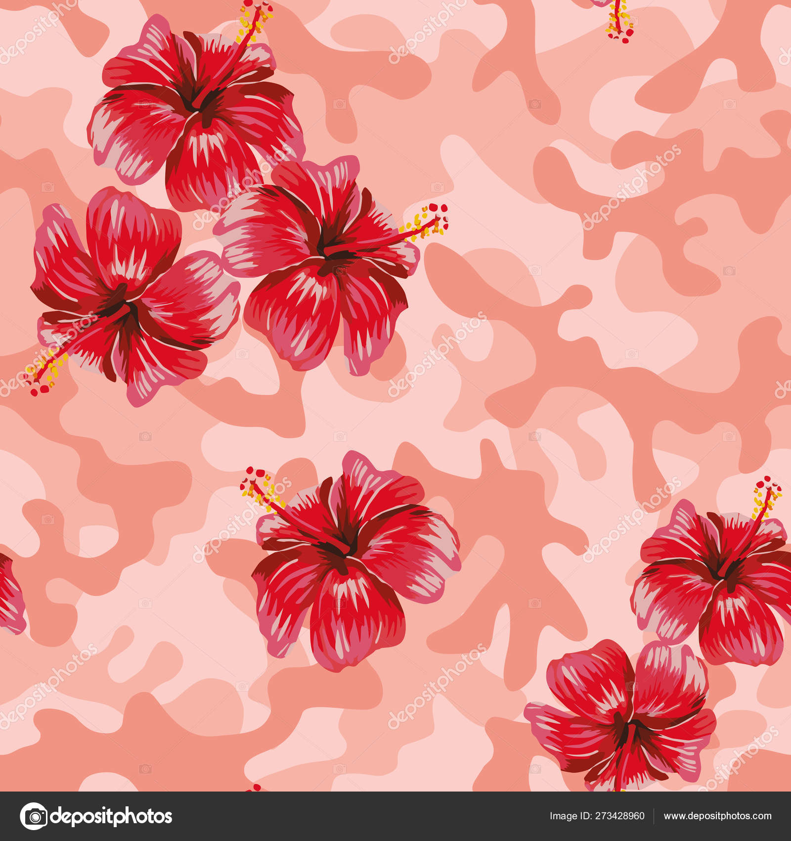 Tropical Vector Realistic Exotic Red Hibiscus Flowers Living Coral Camo  Stock Vector by ©berry2046 273428960, image size:1600x1700
