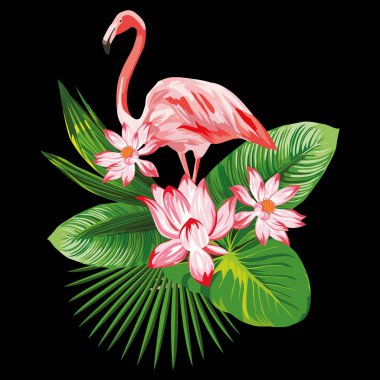 Tropikal vektör çiçek kompozisyon serin kuş pembe flamingo ve güzellik lotus çiçekler, siyah arka plan üzerinde yeşil yaprakları. Güzel kumaş gömlek baskı