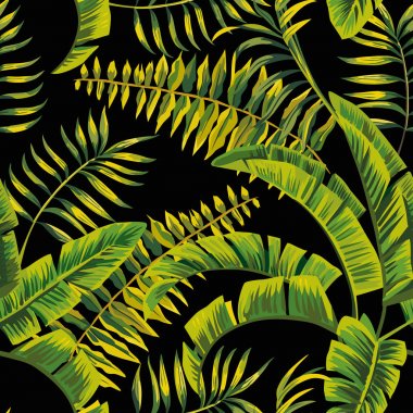 Egzotik tropikal vektör yeşil orman siyah arka plan üzerinde dikişsiz desen bırakır. Gerçekçi grafik tasarım