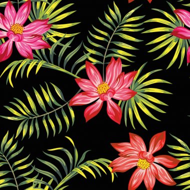 Yaz tropikal gerçekçi vektör güzellik lotus çiçek ve yeşil palmiye siyah arka plan üzerinde dikişsiz desen yaprakları.