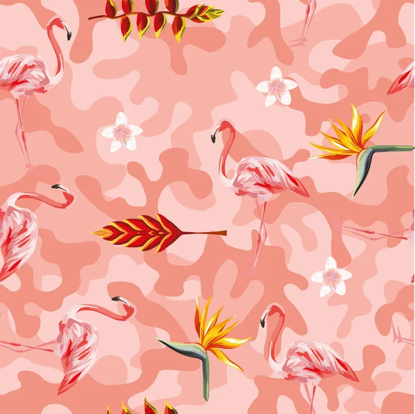 Vector Tropical Flores Exóticas Realistas Bonito Pájaro Flamenco Rosa Fondo — Vector de stock