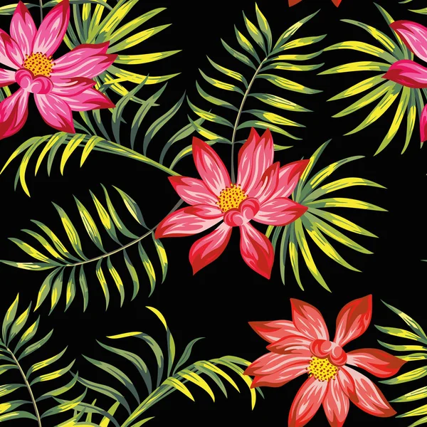 Verano Tropical Realista Vector Belleza Flores Loto Hojas Palma Verde — Archivo Imágenes Vectoriales