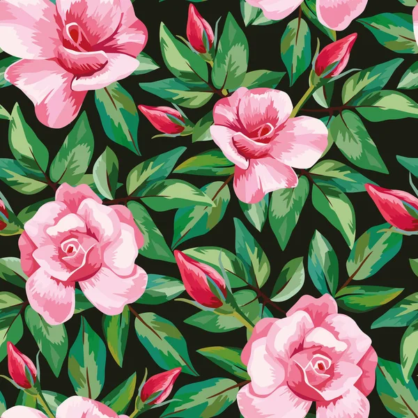 Vettore Disegnato Mano Rosa Rose Fiori Verde Modello Foglie Senza — Vettoriale Stock