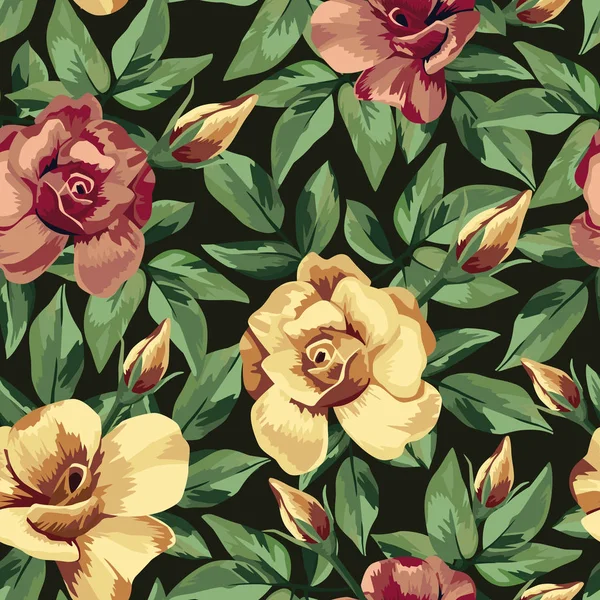 Gouden Bordeaux Rose Bloemen Patroon Vector Naadloze Zwarte Achtergrond Kleurrijke — Stockvector