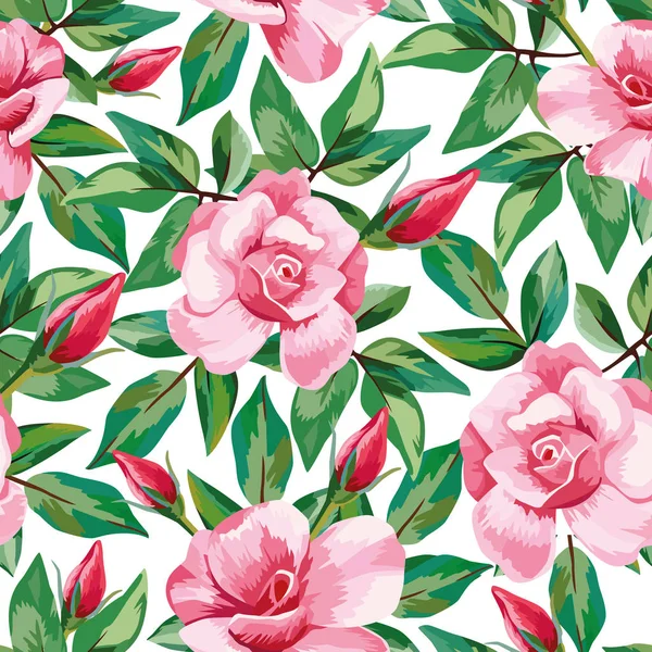 Hand Drawn Vector Pink Roses Flowers Green Leaves Pattern Seamless — Stock Vector