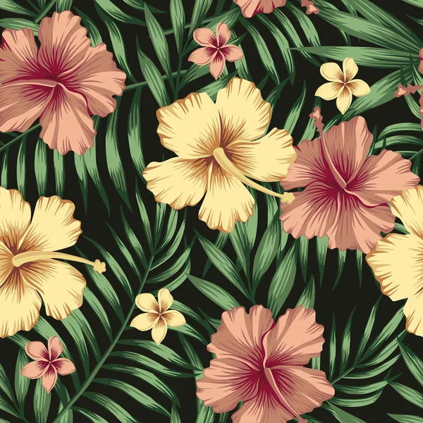 Тропическая Композиция Золотистый Бордовый Гибискус Плюмерия Цветы Зелеными Пальмовыми Листьями — стоковый вектор