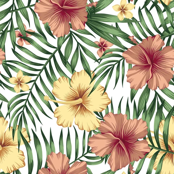 Tropische Samenstelling Gouden Bourgondische Hibiscus Plumeria Bloemen Met Groene Palm — Stockvector