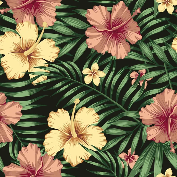 Tropical Composición Moda Oro Borgoña Hibisco Plumeria Flores Con Hojas — Vector de stock