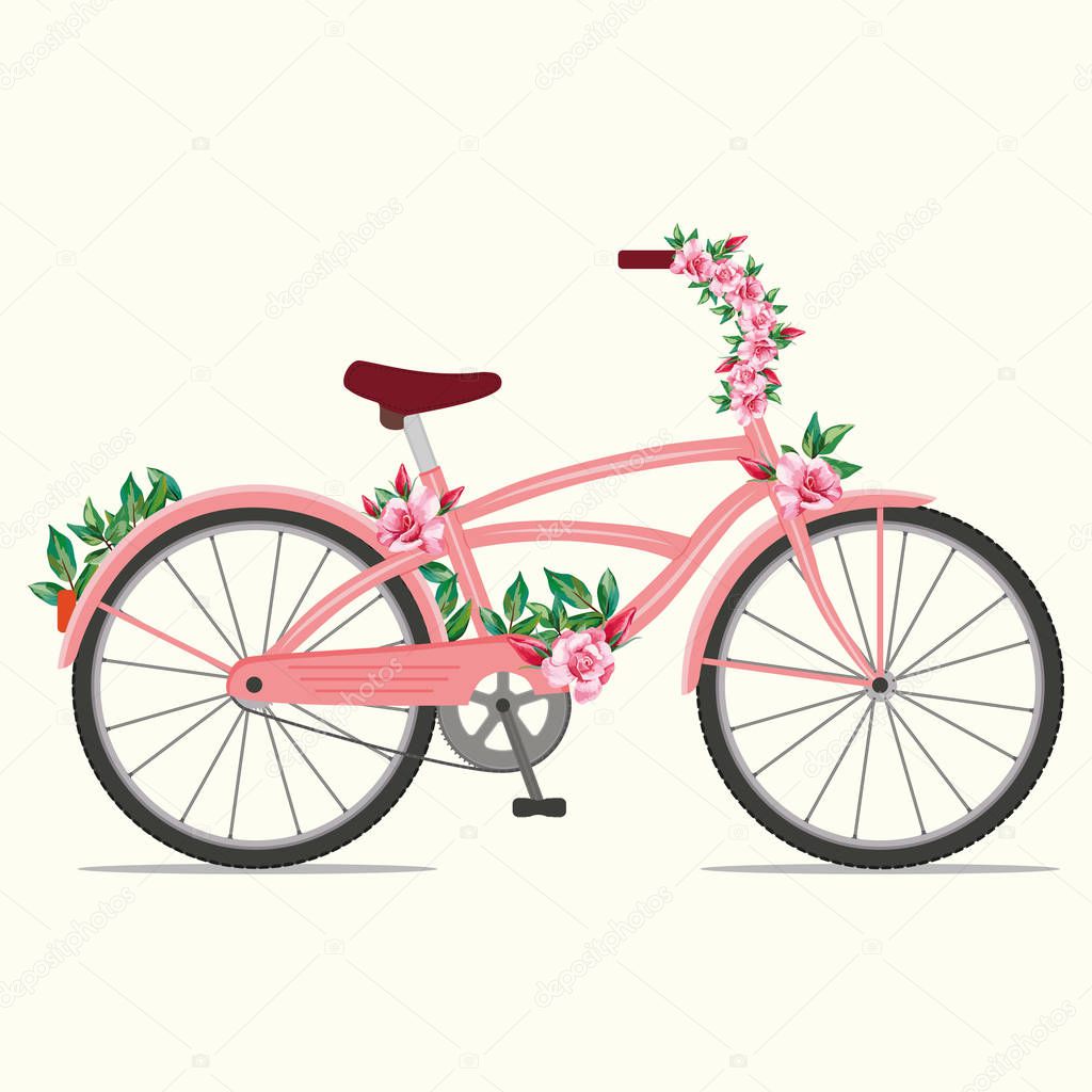 Pink bicycle with rose flowers