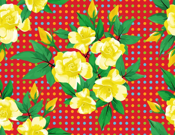 Yellow rose flowers green leaves seamless red background