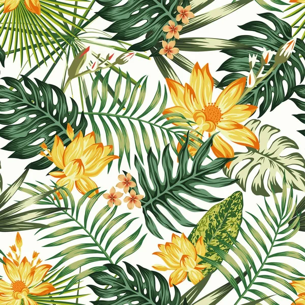 Orange flowers green leaves seamless pattern white background — Stock Vector