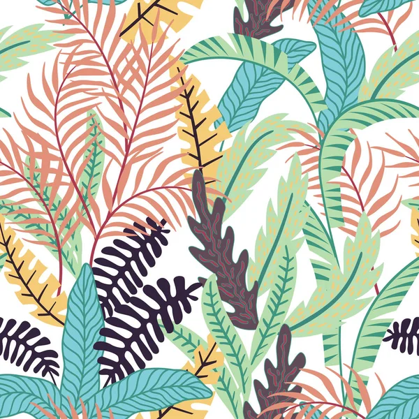 Cartone animato foglie tropicali senza soluzione di continuità sfondo bianco — Vettoriale Stock
