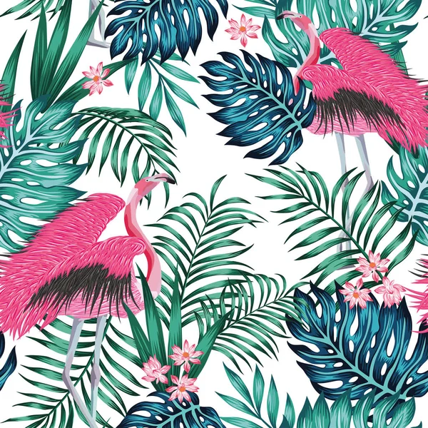 Розовый фламинго тропические голубые зеленые листья красный лотос цветы швея — стоковый вектор